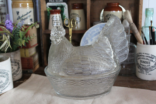 Vintage Hen on Nest, Vintage Egg holder, Vintage Chicken on Nest, Vintage Chicken, glass chicken, Glass Hen Terrine Egg Holder, Kitchen Jar