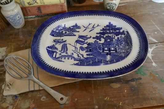 Antique Minton Ironstone English Blue and White - Antique Blue and White cake stand - blue and white English Ironstone - Old Willow Plate