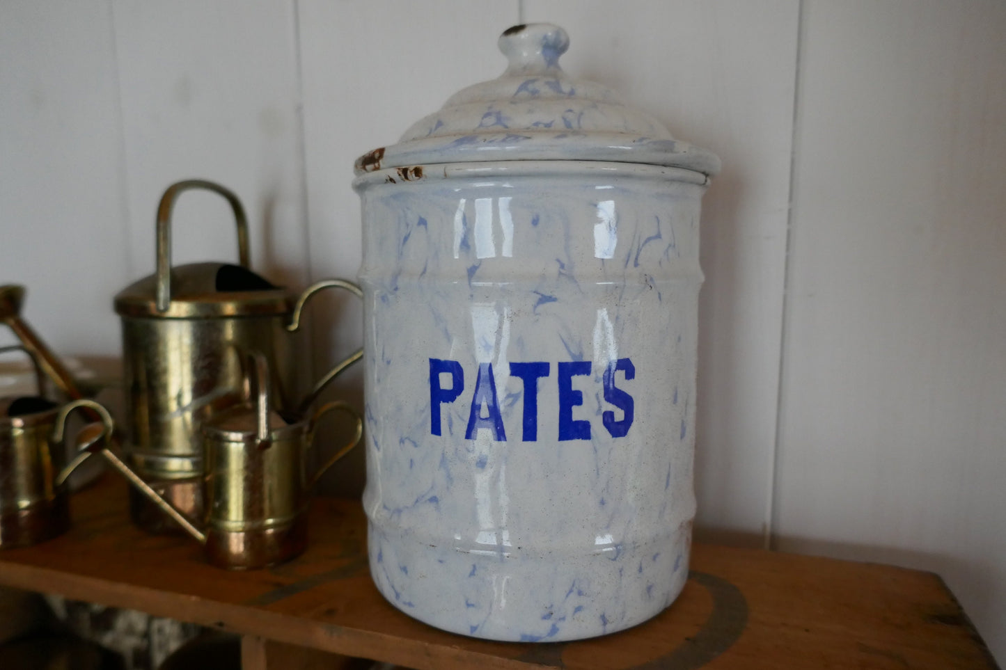 French Vintage Tin - Vintage Enamel Canister - Kitchen Canister - French Kitchen Canister - French Vintage Enamel Canister - Pasta storage