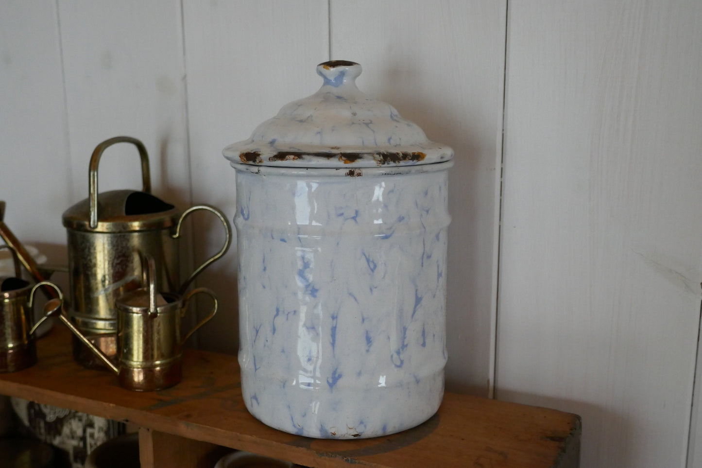 French Vintage Tin - Vintage Enamel Canister - Kitchen Canister - French Kitchen Canister - French Vintage Enamel Canister - Pasta storage