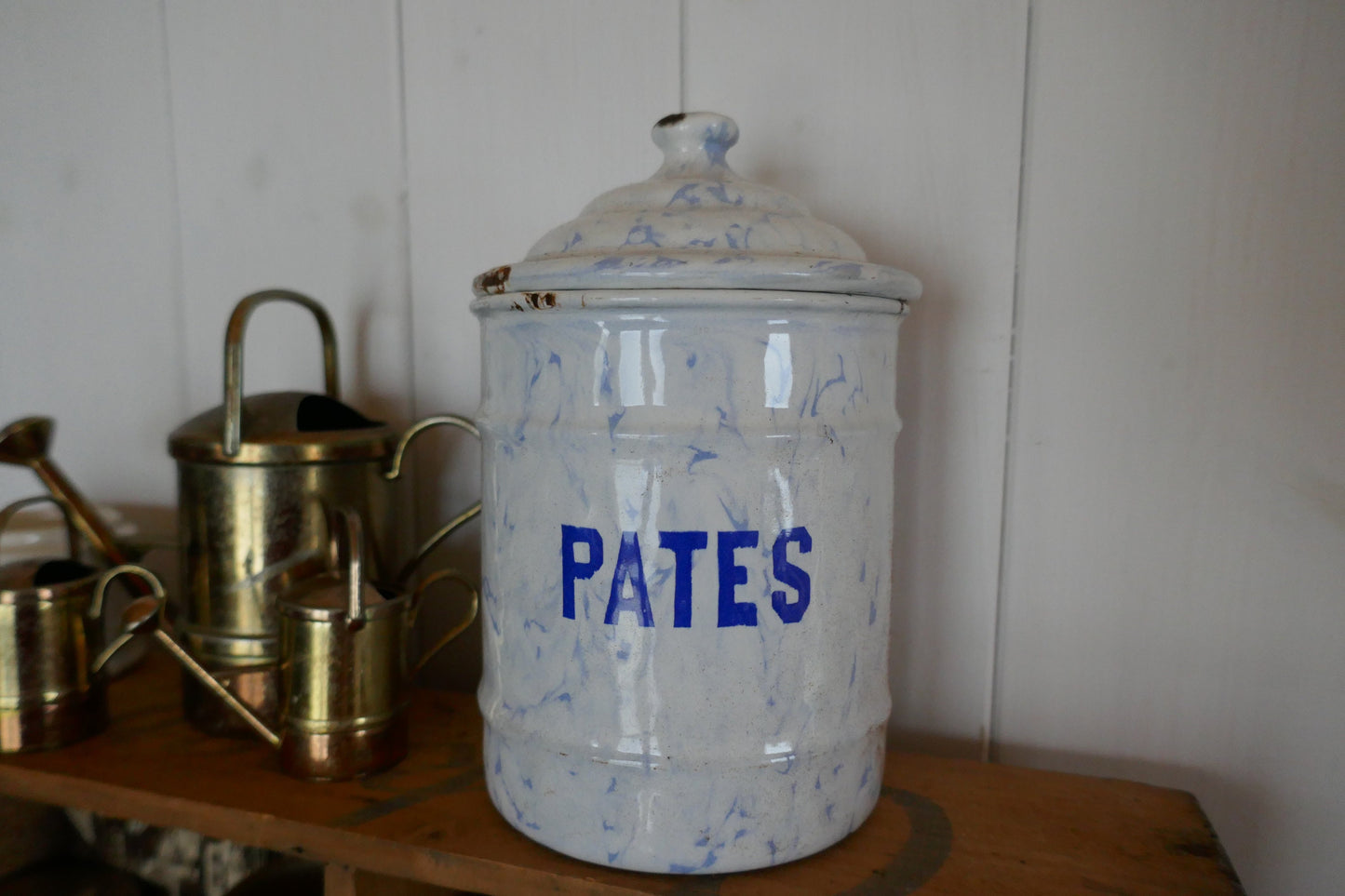 French Vintage Tin - Vintage Enamel Canister - Kitchen Canister - French Kitchen Canister - French Vintage Enamel Canister - Pasta storage