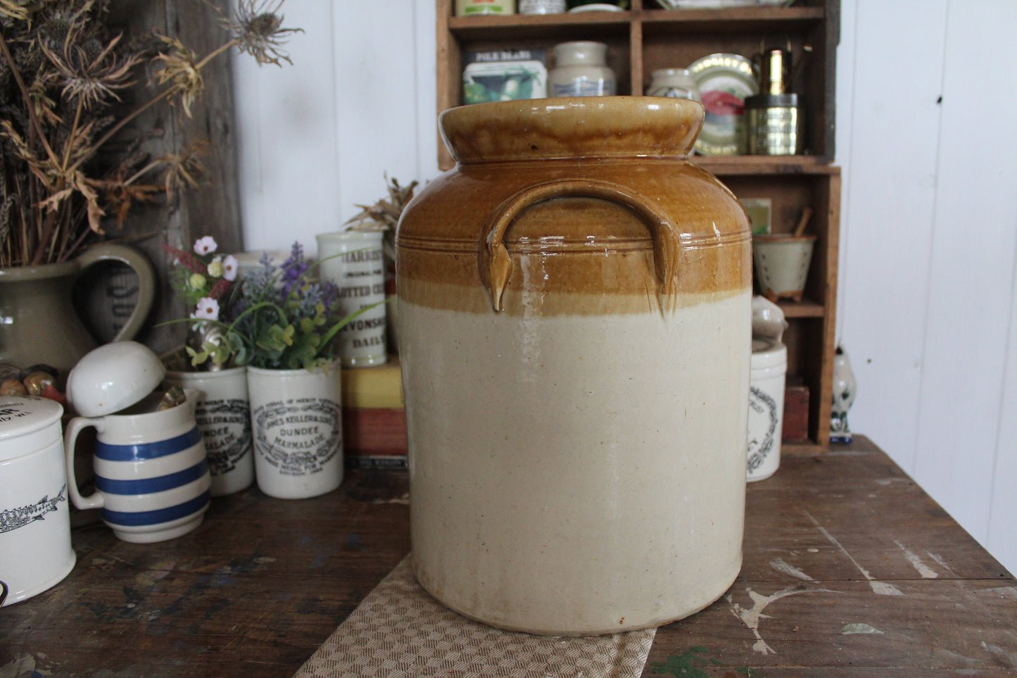 XL Vintage Stoneware Pot, Stone Pot, Vintage Stoneware Jar, Kitchen Jar, Confit Pot, Utensil Pot, Vintage Utensil Pot, Vintage jar, Confit