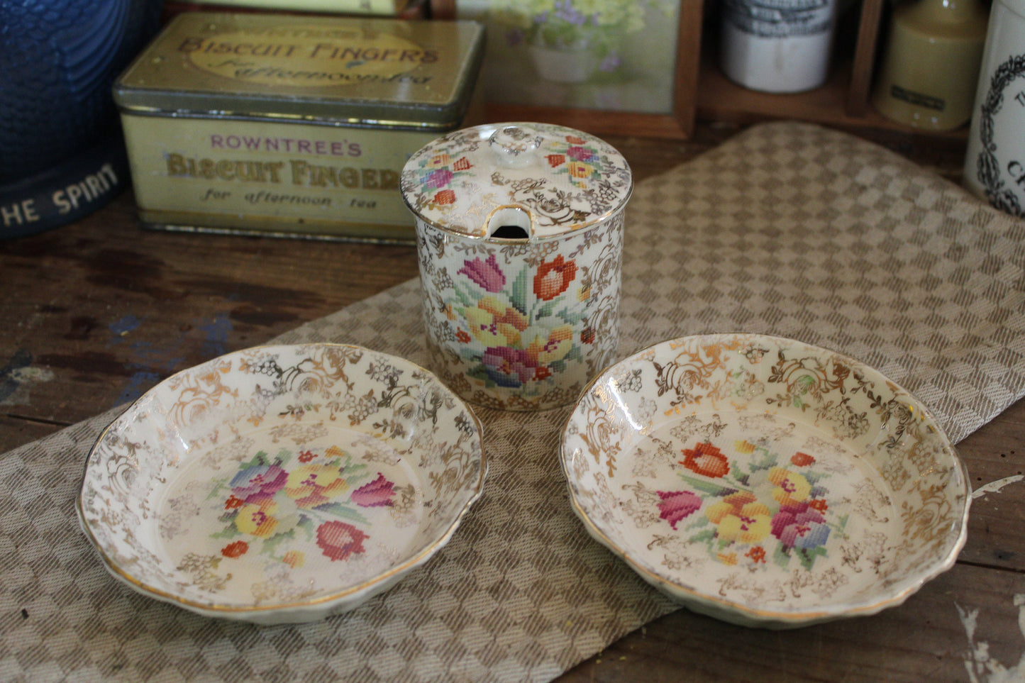 Vintage Condiment Set, Breakfast Set, Vintage Condiment Set, Vintage Jam Pot, Preserve Pot, Vintage Butter Dish, Butter Pat, Vintage Pots