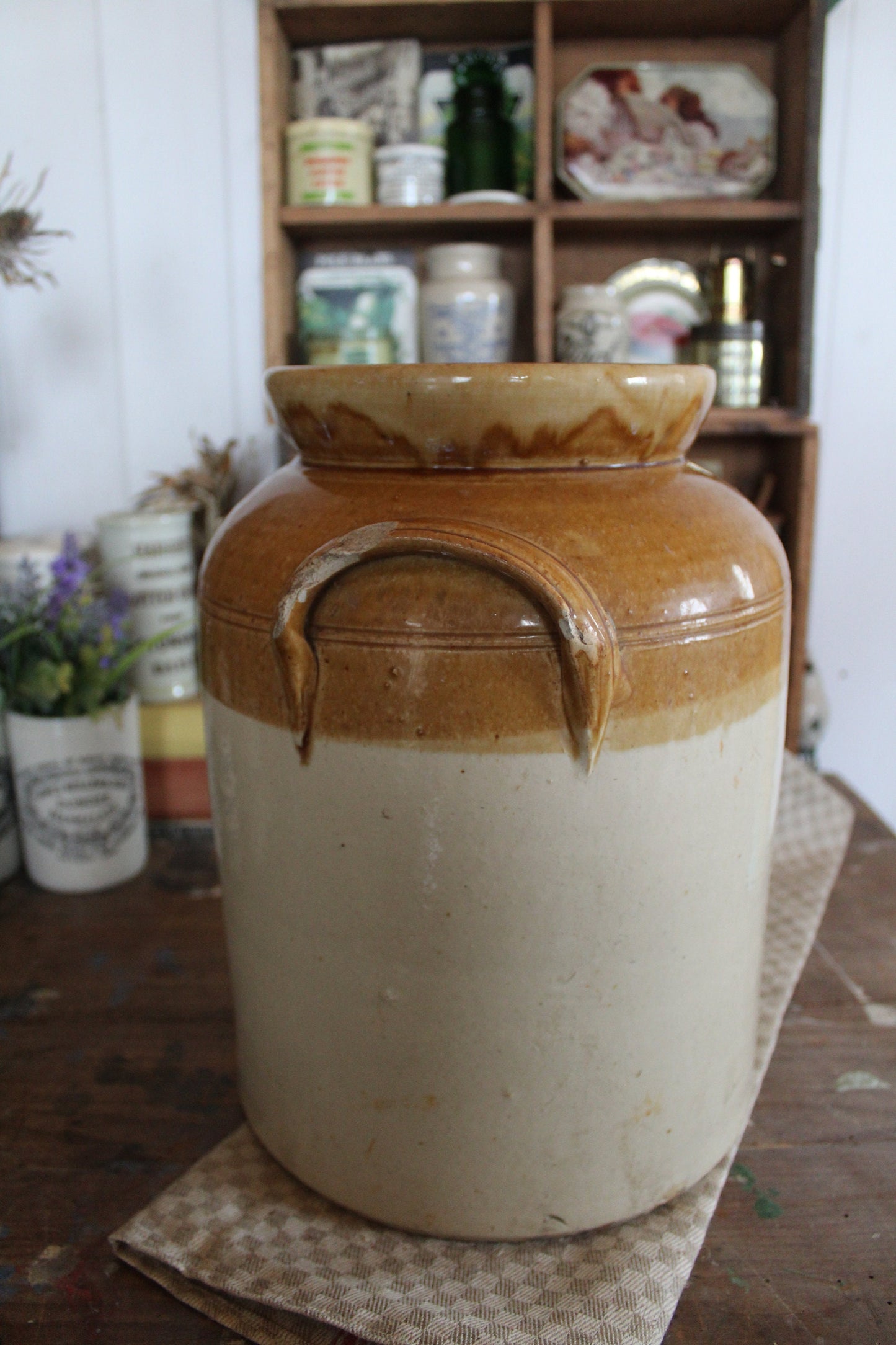 XL Vintage Stoneware Pot, Stone Pot, Vintage Stoneware Jar, Kitchen Jar, Confit Pot, Utensil Pot, Vintage Utensil Pot, Vintage jar, Confit