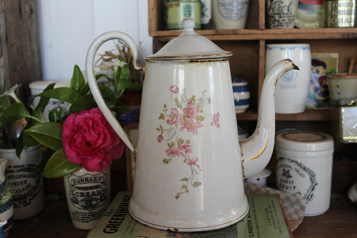 Vintage French Coffee Pot, Enamel Teapot, Enamel Coffee Pot, Vintage enamel pot, vintage pastel enamel, Vintage coffee pot, Enamel Jug