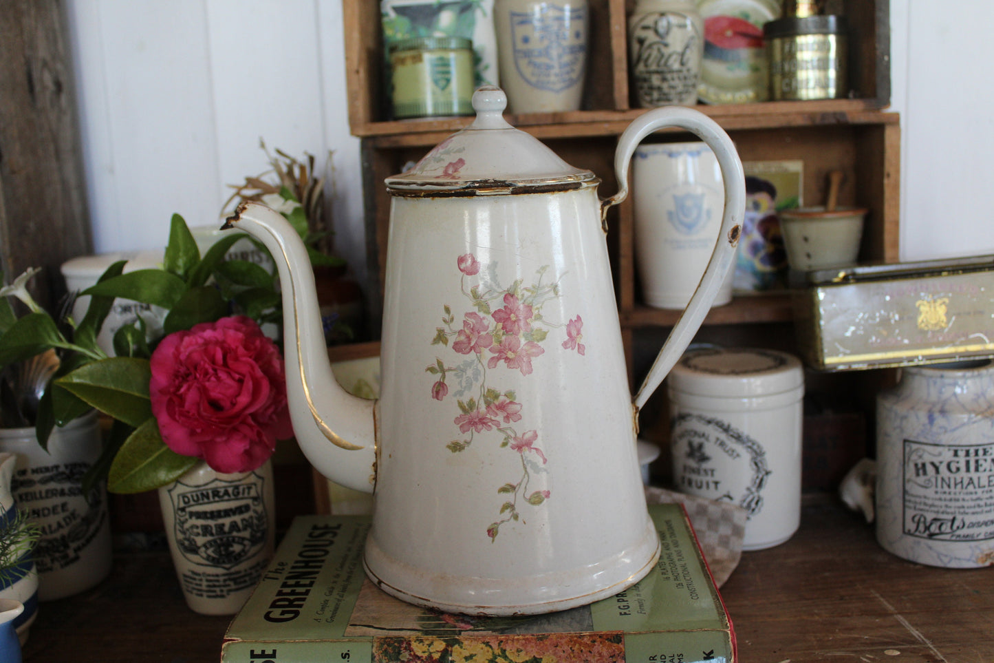 Vintage French Coffee Pot, Enamel Teapot, Enamel Coffee Pot, Vintage enamel pot, vintage pastel enamel, Vintage coffee pot, Enamel Jug