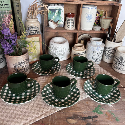 vintage green and white tea set, vintage tea set, coffee cups, vintage coffee cups, vintage teacups, gingham pattern cups, vintage cups,