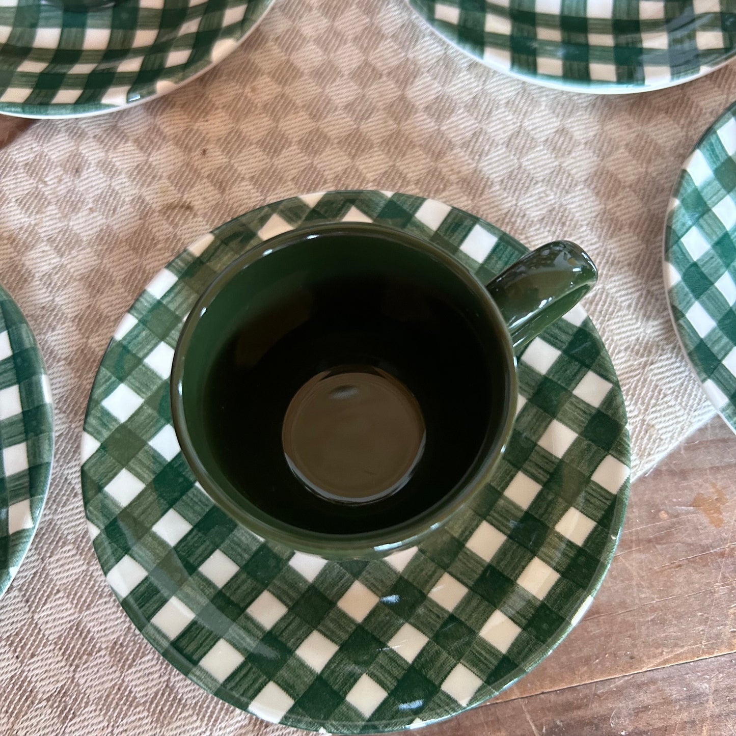 vintage green and white tea set, vintage tea set, coffee cups, vintage coffee cups, vintage teacups, gingham pattern cups, vintage cups,