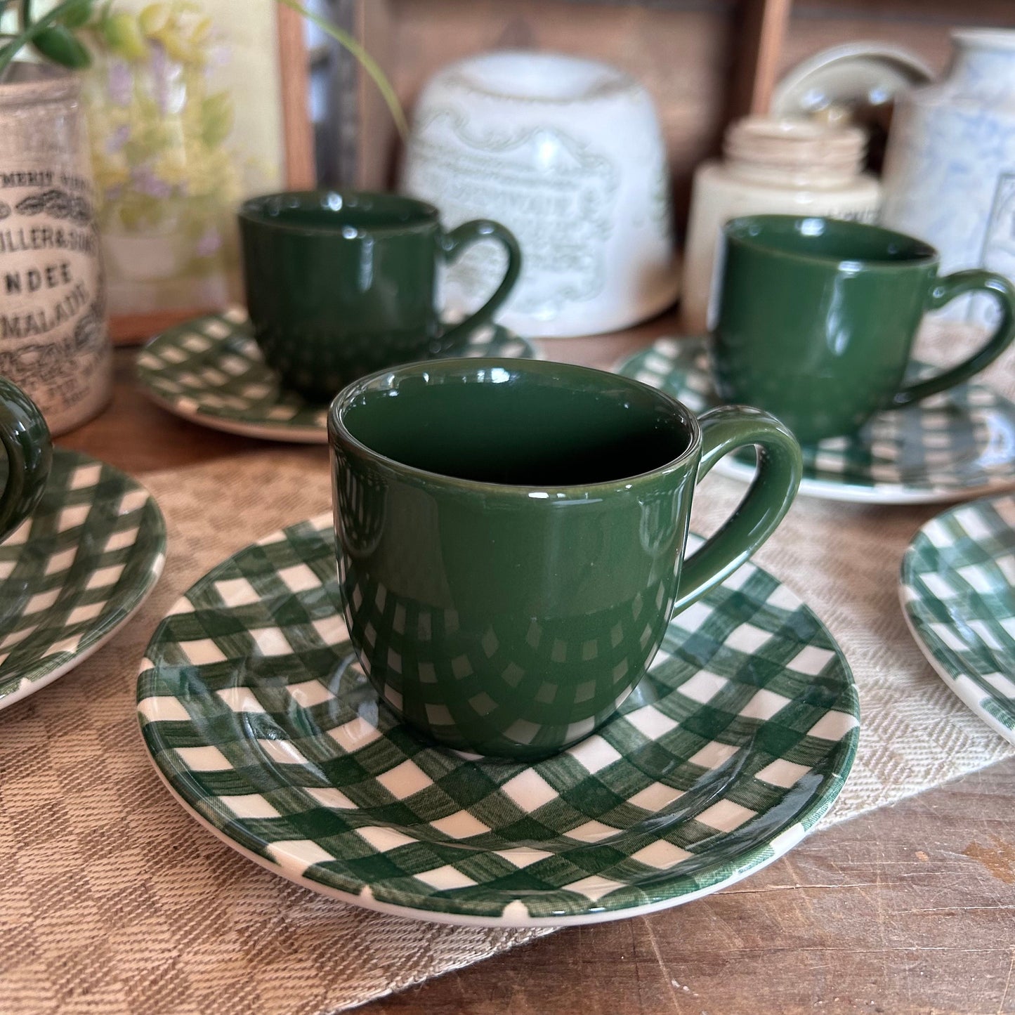 vintage green and white tea set, vintage tea set, coffee cups, vintage coffee cups, vintage teacups, gingham pattern cups, vintage cups,