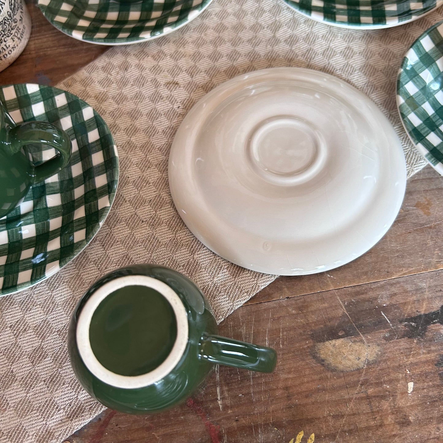 vintage green and white tea set, vintage tea set, coffee cups, vintage coffee cups, vintage teacups, gingham pattern cups, vintage cups,