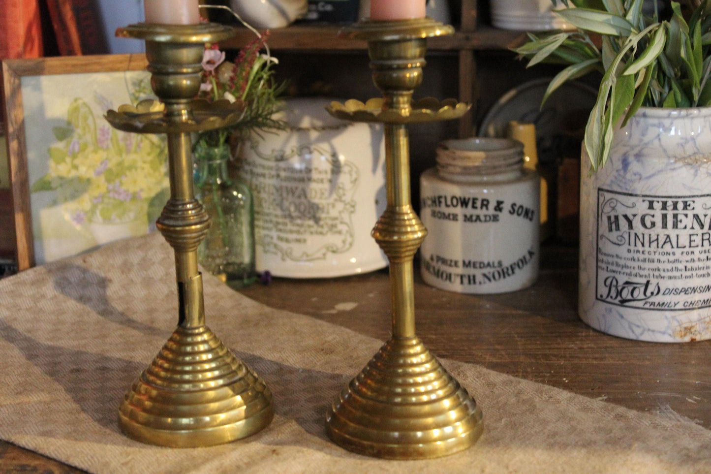 Pair of Vintage Brass Candle Stick Holders, Brass Candle Holders, Brass Candle sticks, Pillar Candle Holders, Pillar Candle Sticks, Candles