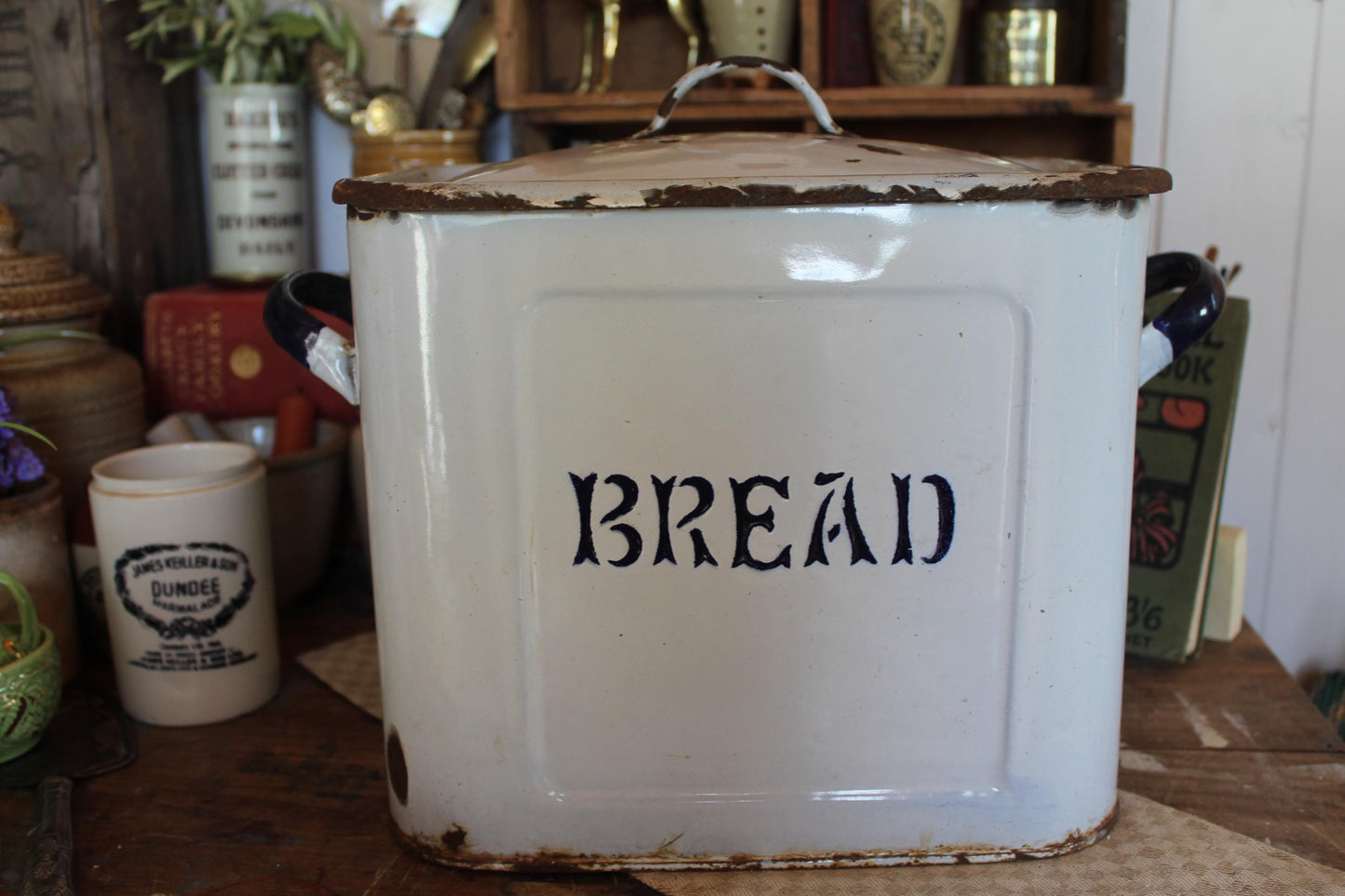 Unusual Small Size Vintage Enamel Bread Bin, White Enamel Bread Box, White Bread Bin, English Bread Box, English Enamel Bread Box, Kitchen