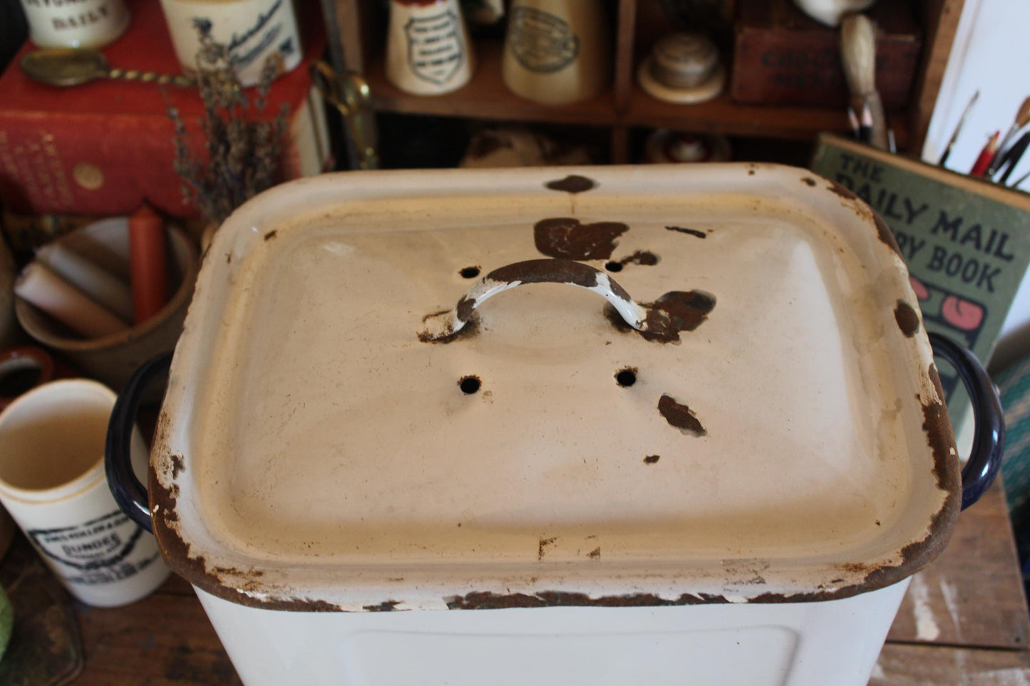 Unusual Small Size Vintage Enamel Bread Bin, White Enamel Bread Box, White Bread Bin, English Bread Box, English Enamel Bread Box, Kitchen