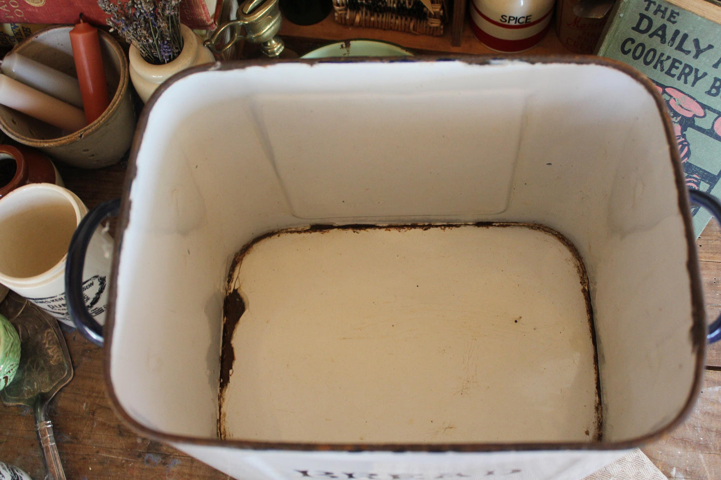 Unusual Small Size Vintage Enamel Bread Bin, White Enamel Bread Box, White Bread Bin, English Bread Box, English Enamel Bread Box, Kitchen