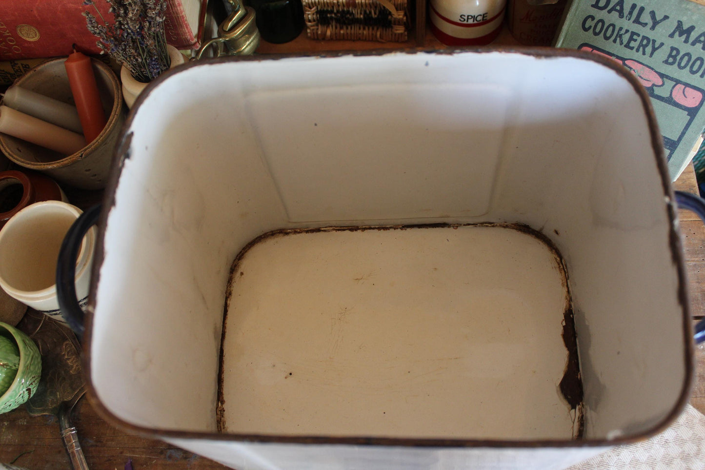 Unusual Small Size Vintage Enamel Bread Bin, White Enamel Bread Box, White Bread Bin, English Bread Box, English Enamel Bread Box, Kitchen