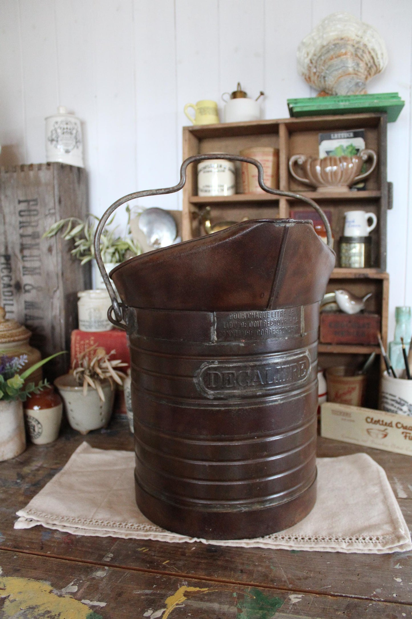 Vintage French Decalitre Bucket, French Wine Jug, Vintage French Bucket, Vintage Coal Bucket, Coal Scuttle, Kindling Bucket Log Basket