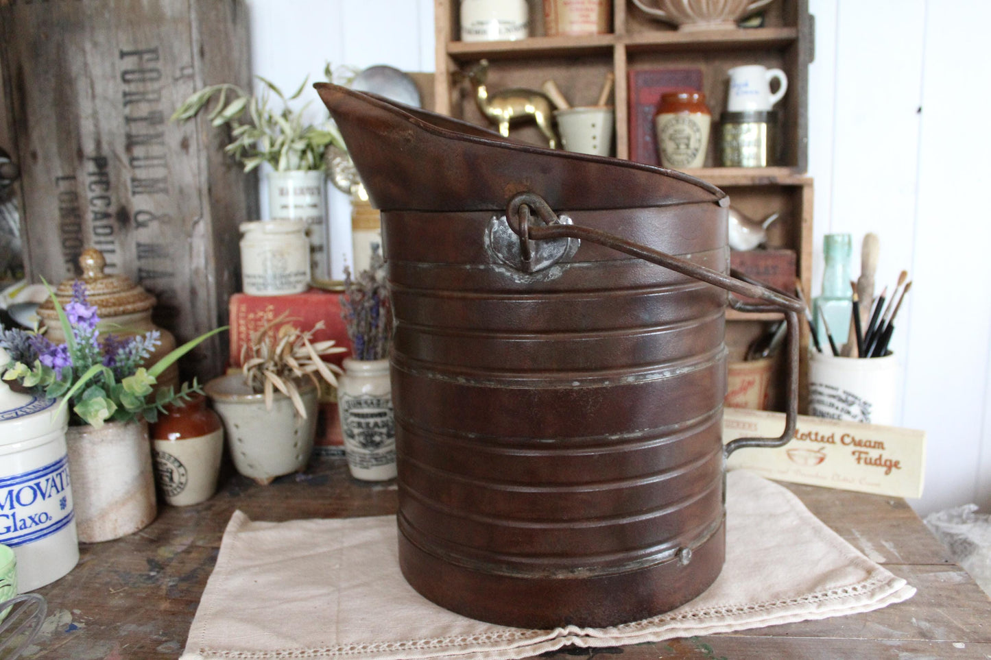 Vintage French Decalitre Bucket, French Wine Jug, Vintage French Bucket, Vintage Coal Bucket, Coal Scuttle, Kindling Bucket Log Basket